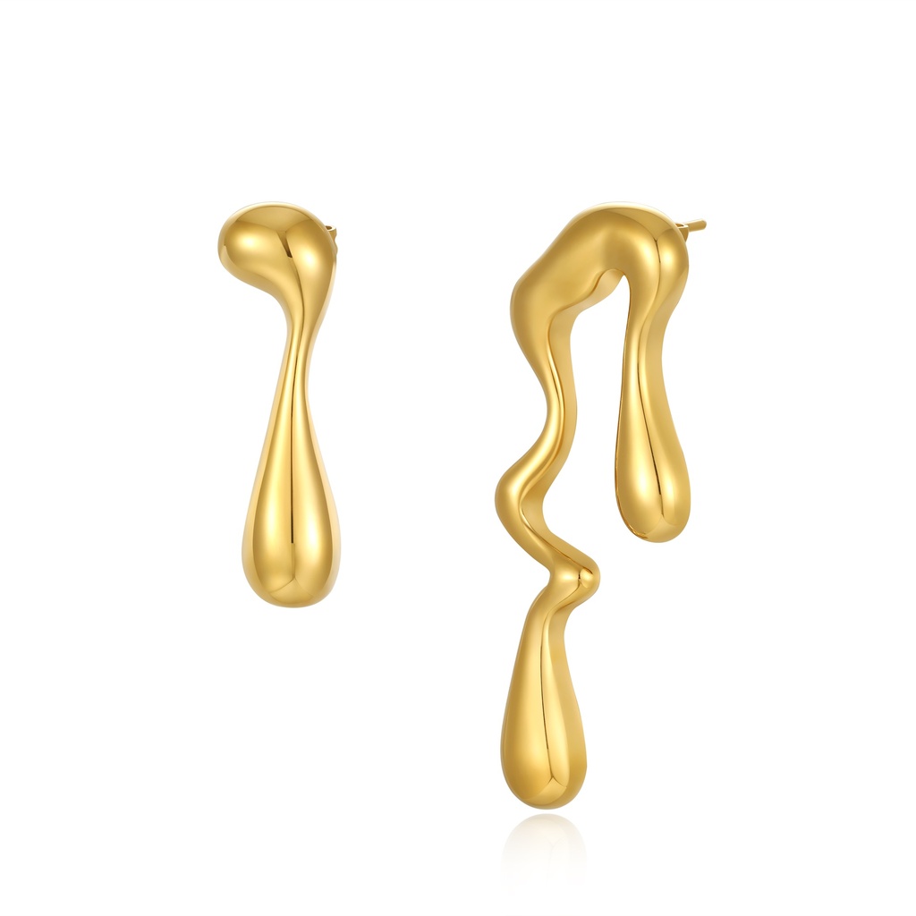 [JY20E0085] Asymmetric Molten Drip Earrings in Polished Gold Steel