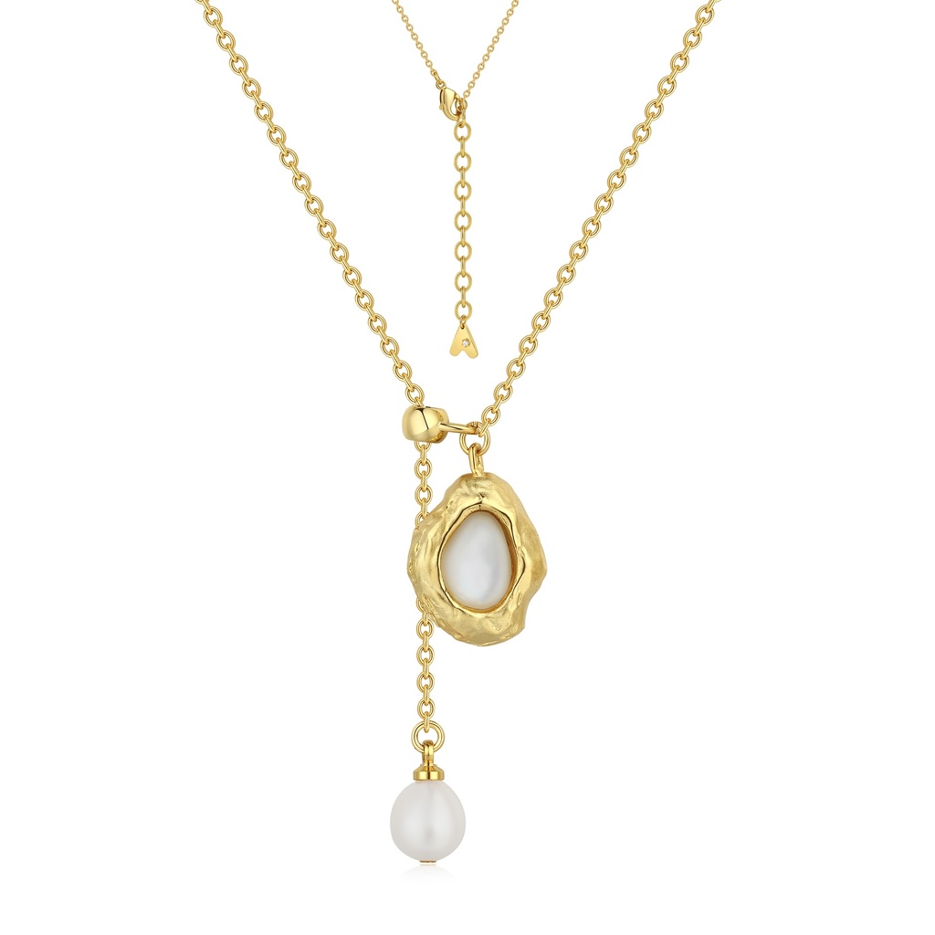 [BJ01N0223] Asymmetrical Pearl Drop Necklace with Organic Gold Setting