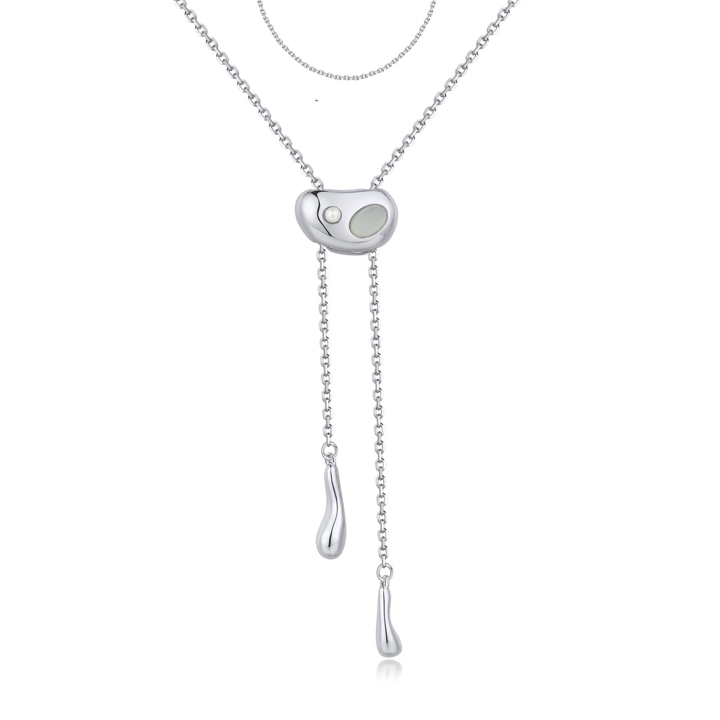 [BJ01N0522] Asymmetrical Pearl Slide Necklace with Polished Metal Droplets