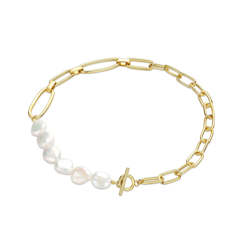 [BJ01N0027] Asymmetrical Pearl and Link Bracelet in Gold-Tone Brass