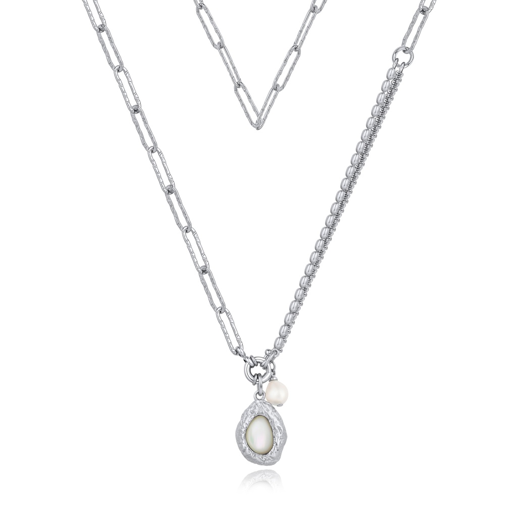 [BJ01N0221] Asymmetrical Silver Pearl Pendant Necklace with Dual Chain Design