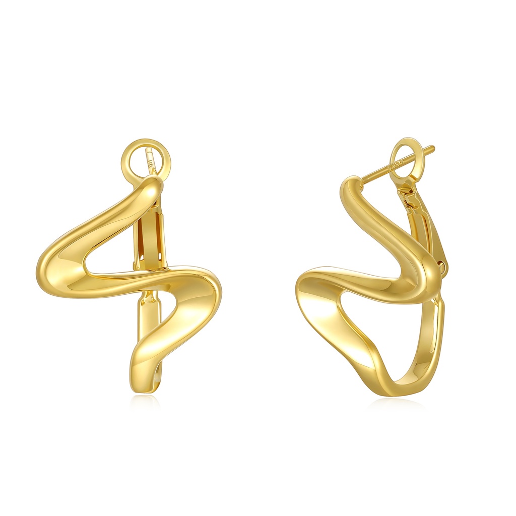 [JY20E0039] Abstract Gold Wave Hoop Earrings in Polished Brass