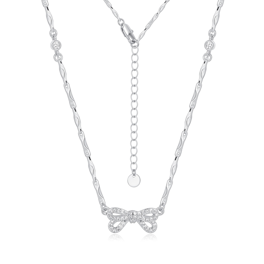 Delicate Silver Bow Necklace with Sparkling Crystal and Fancy Link Chain