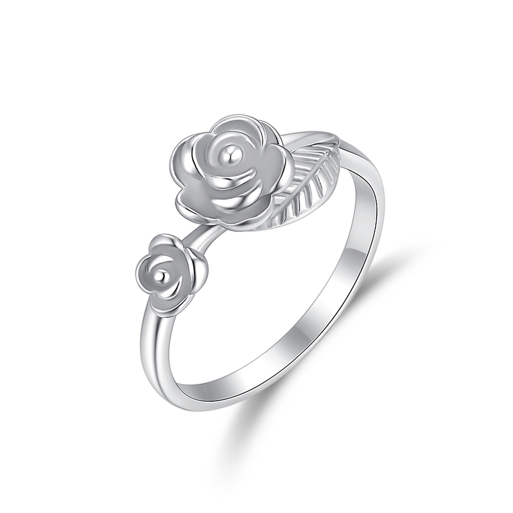 Delicate Stainless Steel Rose Flower Ring with Leaf Detail Design
