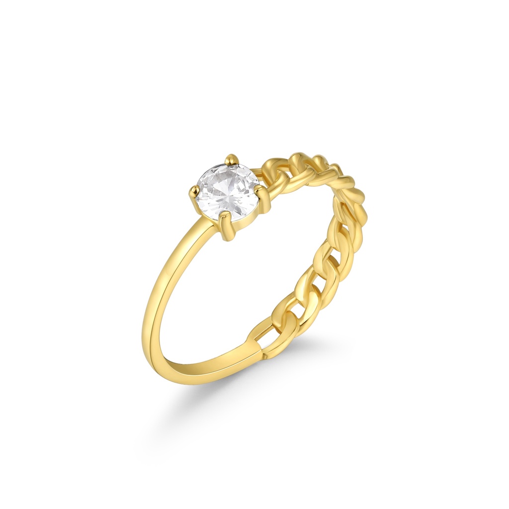 Delicate gold chain ring with bright solitaire crystal for elegance.
