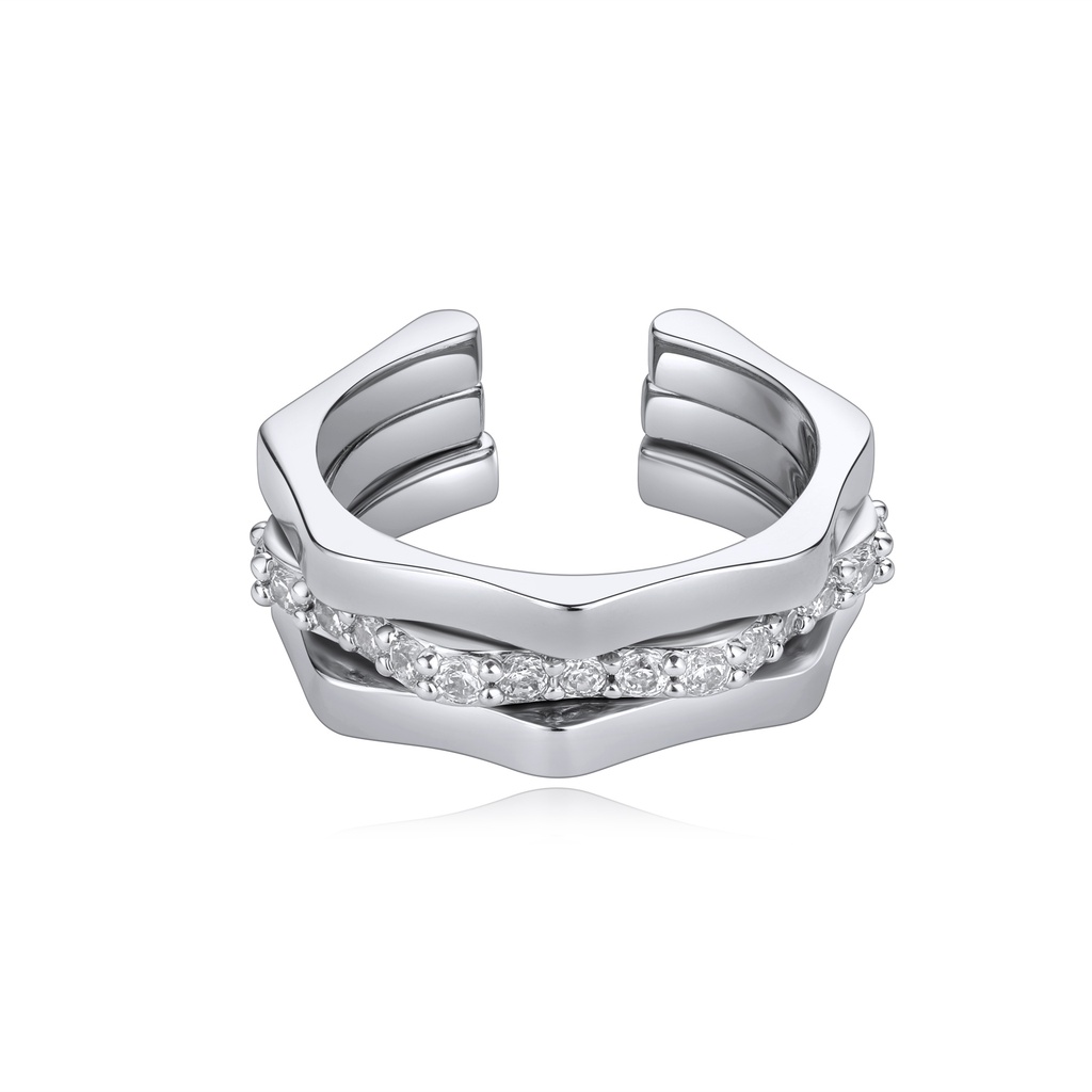 Double Layer Chevron Brass Ring with Clear Crystal Accents