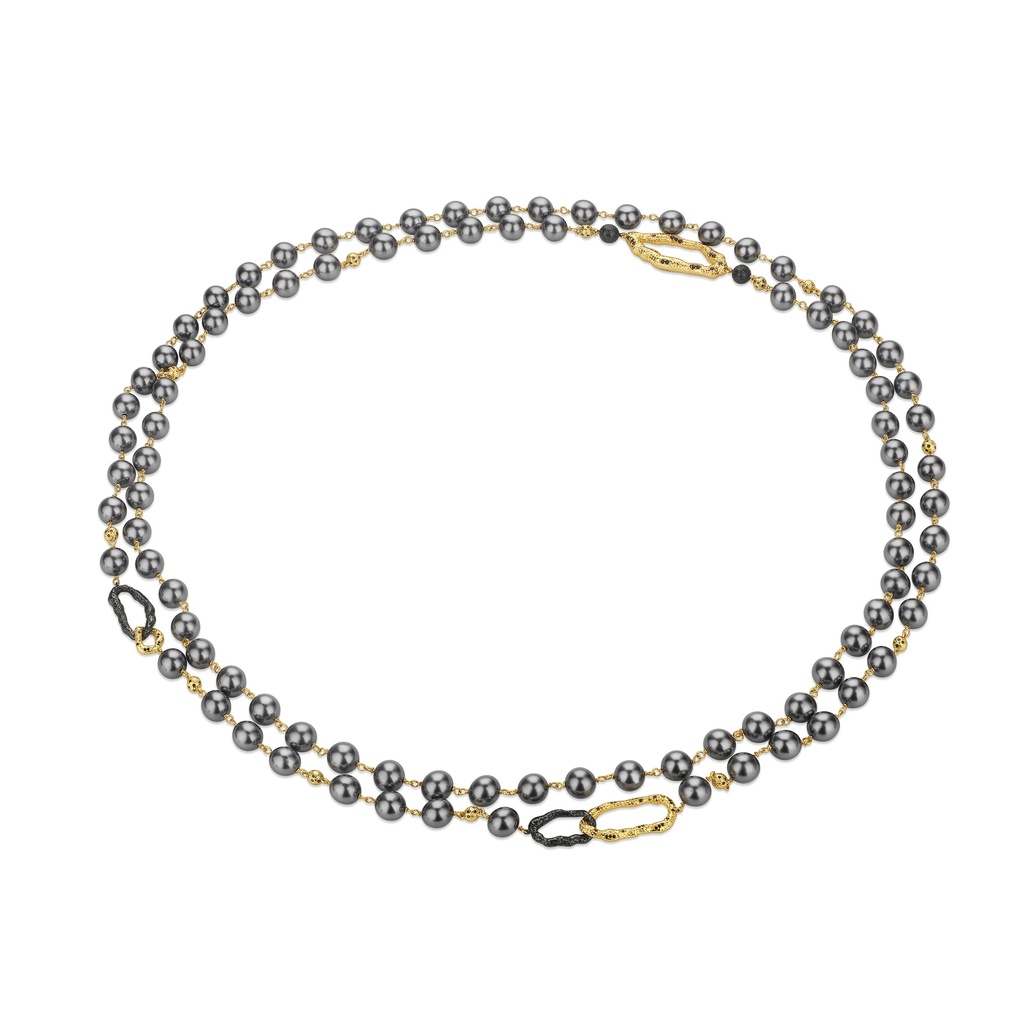 Double Strand Gunmetal Beads Necklace with Gold Accent Links