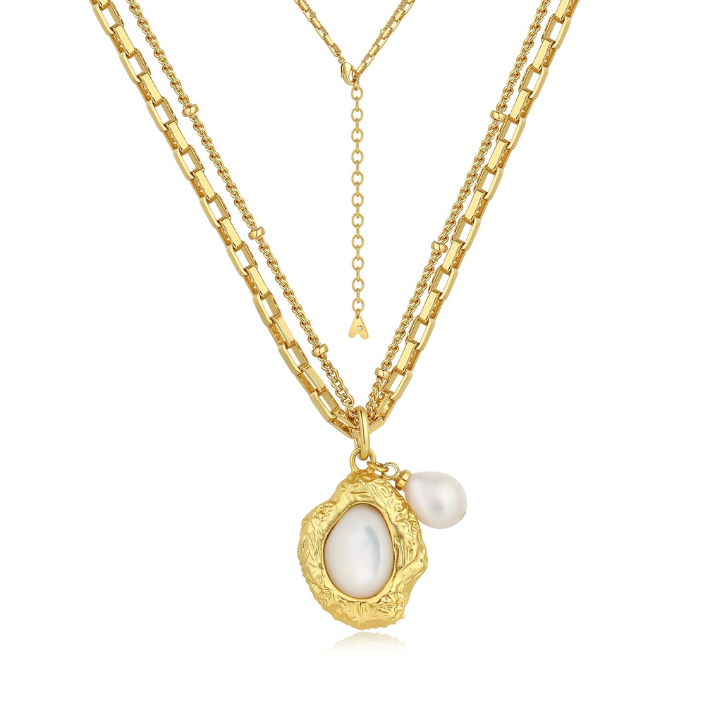 Dual Pearl Pendant Gold Necklace with Vintage Textured Frame