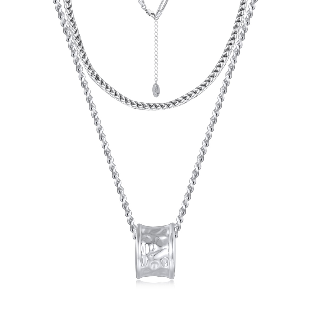 Dual-Strand Chunky Silver Necklace with Hammered Cylinder Pendant