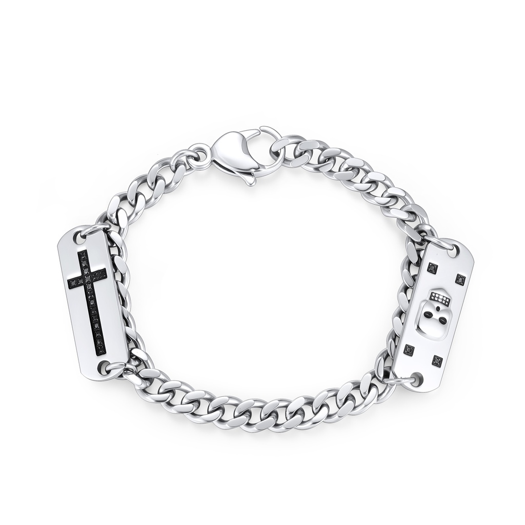 Edgy Stainless Steel Bracelet – Skull, Cross, Black Stone Accents