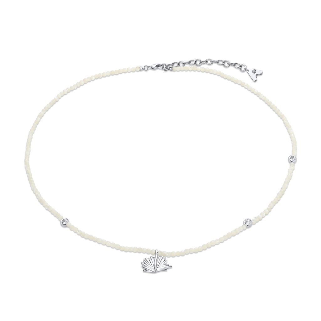 Elegant Beaded Necklace with Silver Shell Charm and Crystals