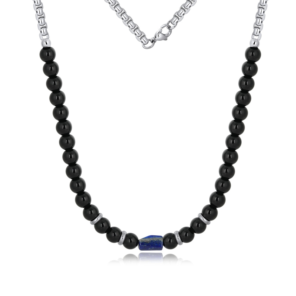 Elegant Black Onyx and Blue Lapis Beaded Necklace with Stainless Steel Chain
