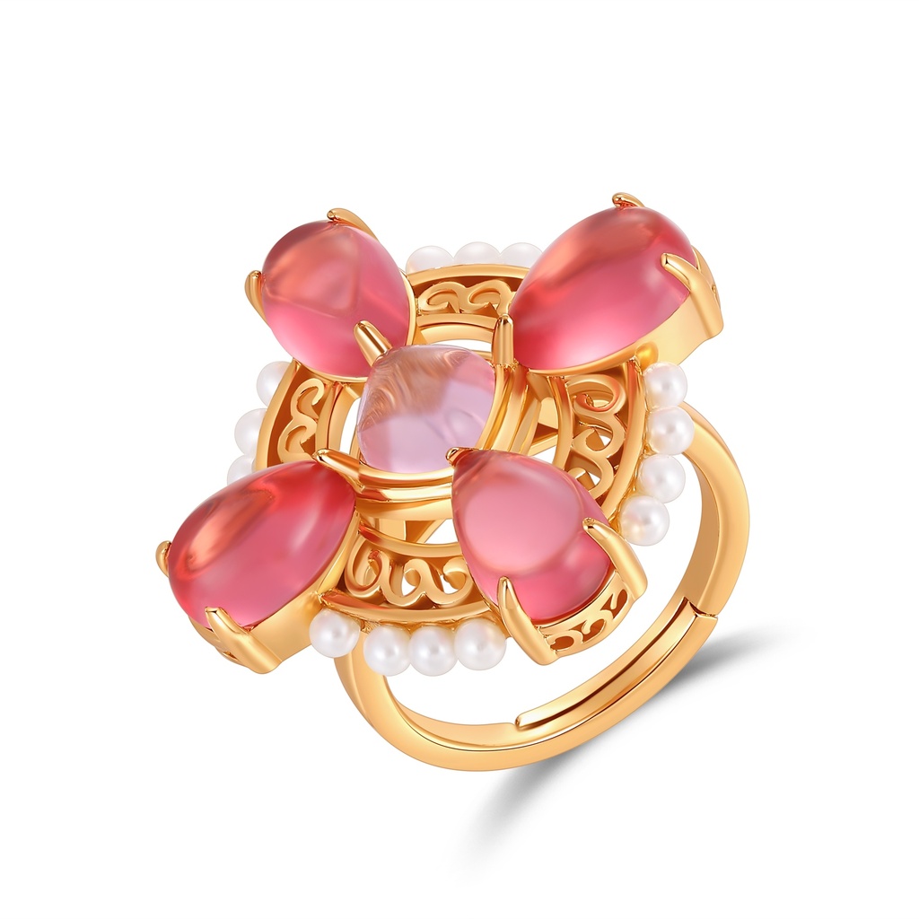 [SZ05R0665] Baroque Floral Pearl Ring with Teardrop Pink Gemstones