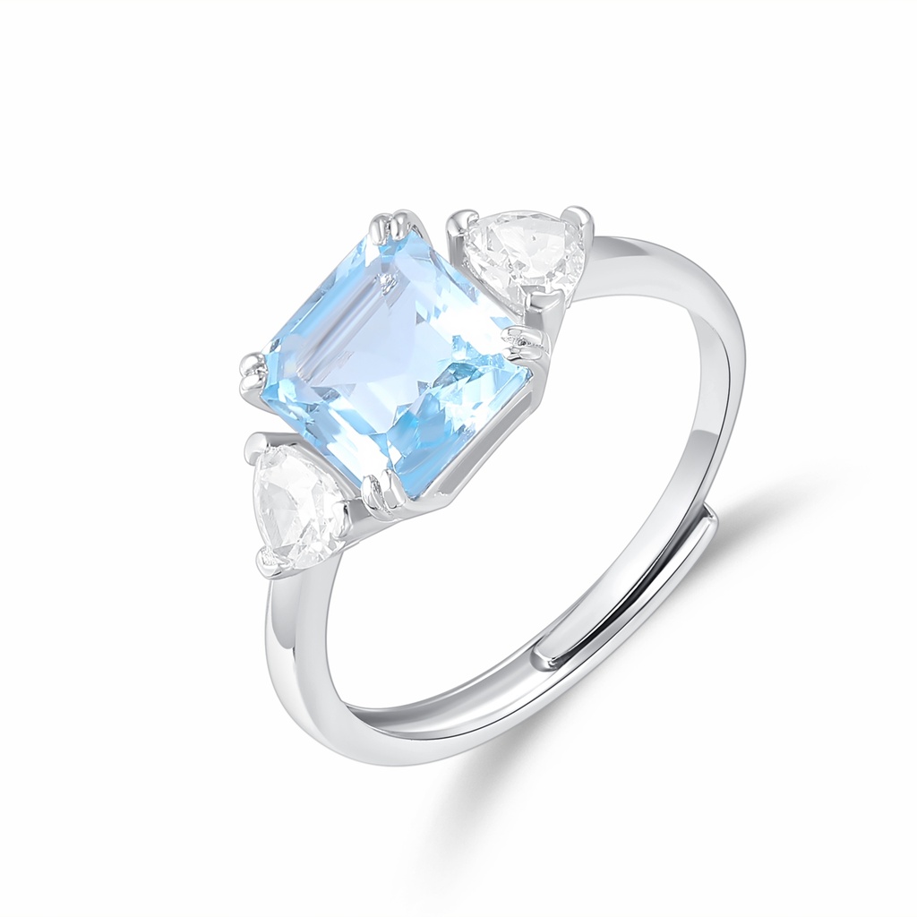 Elegant Blue Emerald-Cut Ring with White Teardrop Side Stones