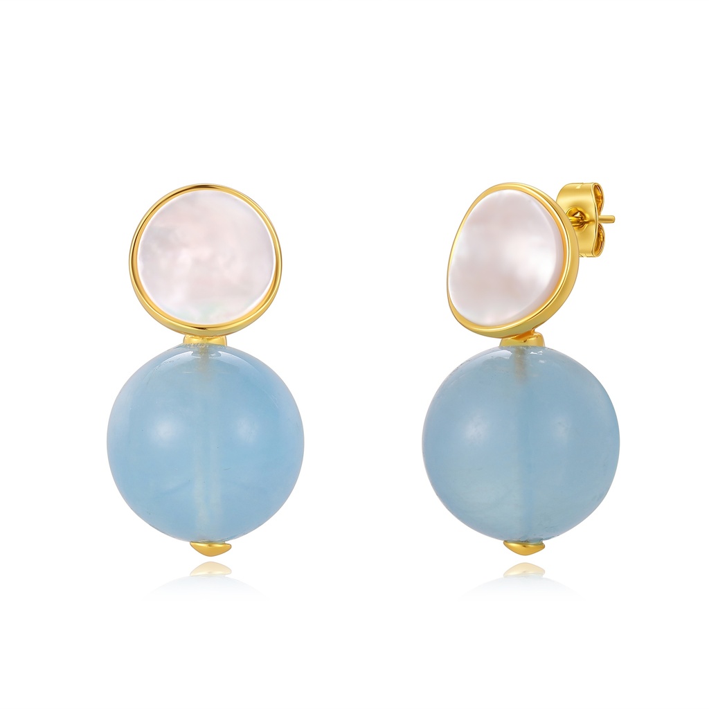 Elegant Blue Gemstone Drop Earrings with Pearl and Gold Finish