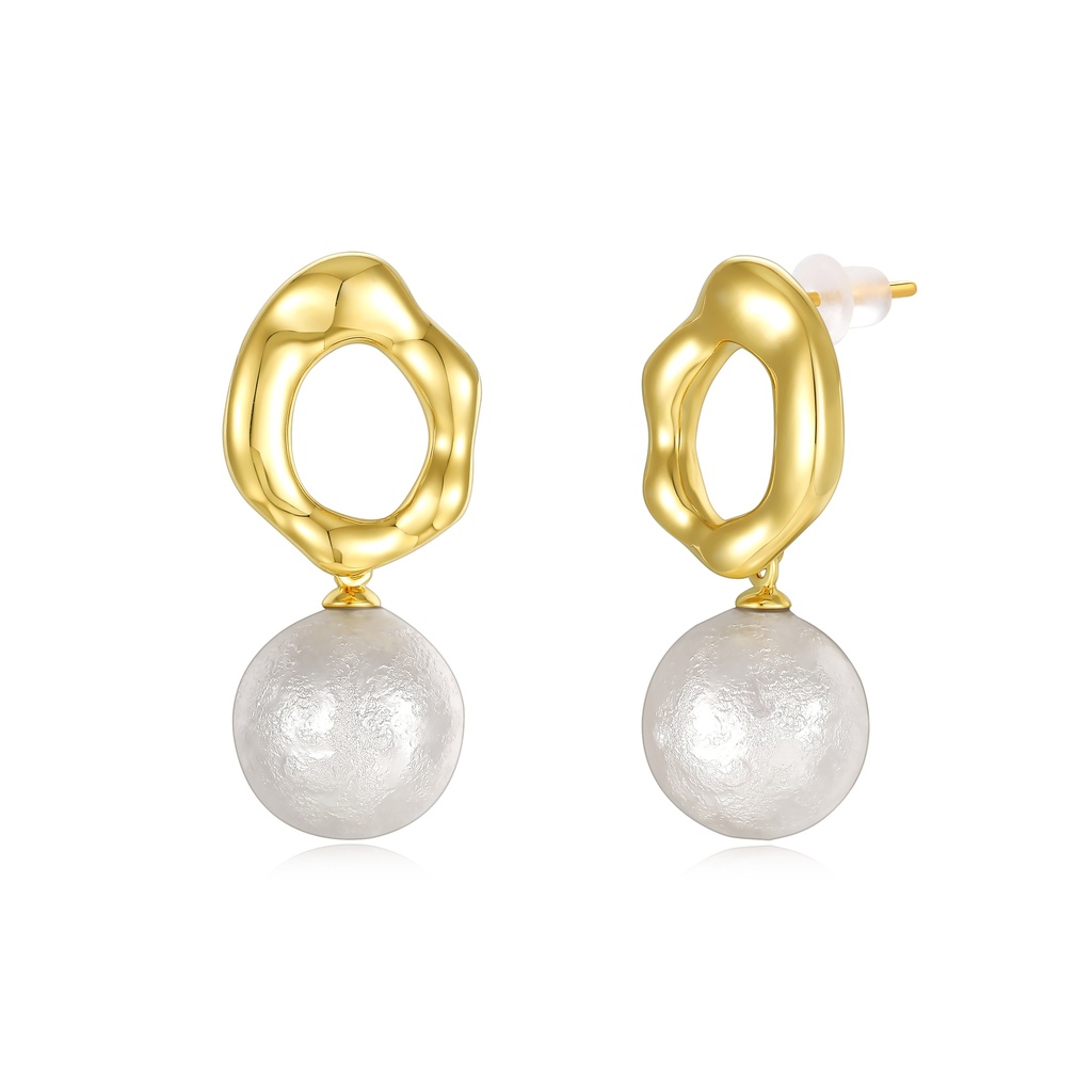 [JY20E0033] Abstract Oval Pearl Drop Gold Tone Earrings