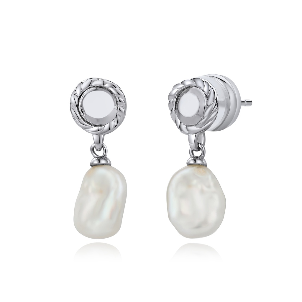 [BJ01E0230-2] Baroque Pearl Dangle Earrings with Textured Brass Stud Accent