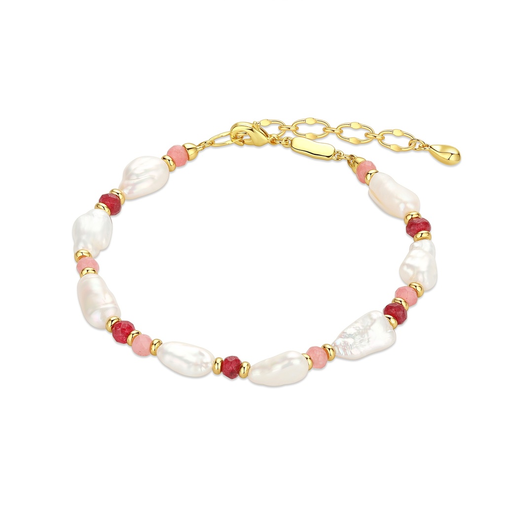 [BJ01B0075] Baroque Pearl and Pink Red Bead Brass Chain Bracelet
