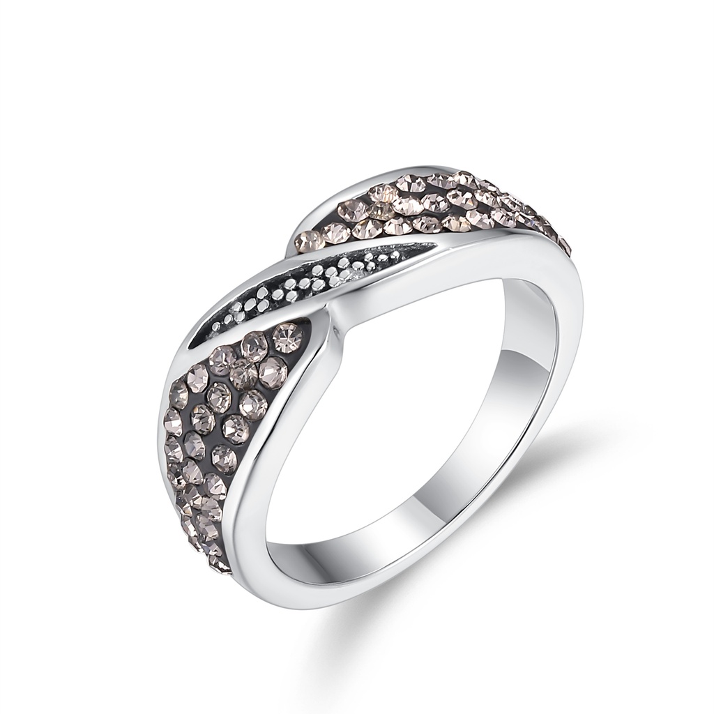 Elegant Crossover Stainless Steel Ring with Champagne and Black Crystals