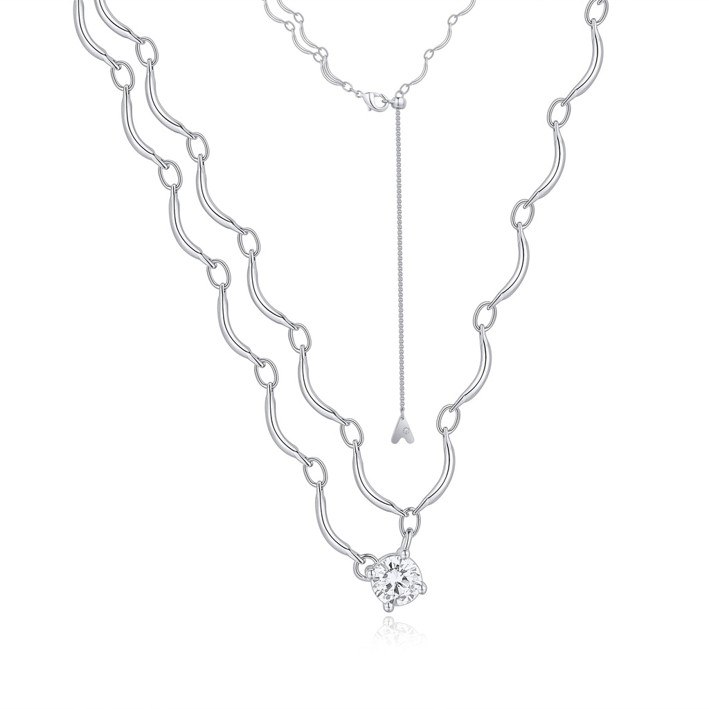 Elegant Double Wavy Chain Necklace with Solitaire Crystal