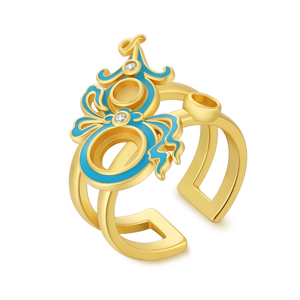 [PD02R0141] Baroque Style Blue Enamel Brass Ring With Crystal Details