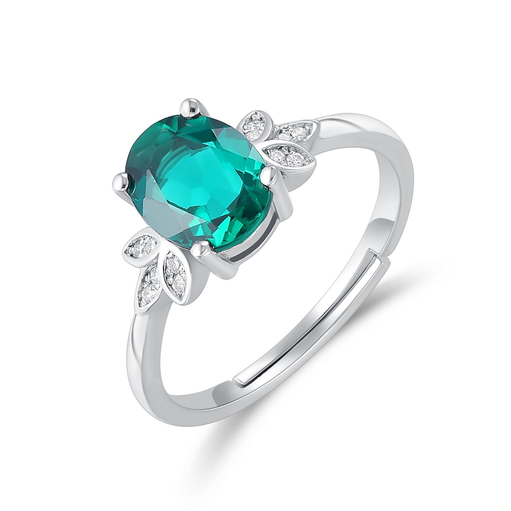 Elegant Emerald Green Gemstone Ring with Sparkling Leaf Accents