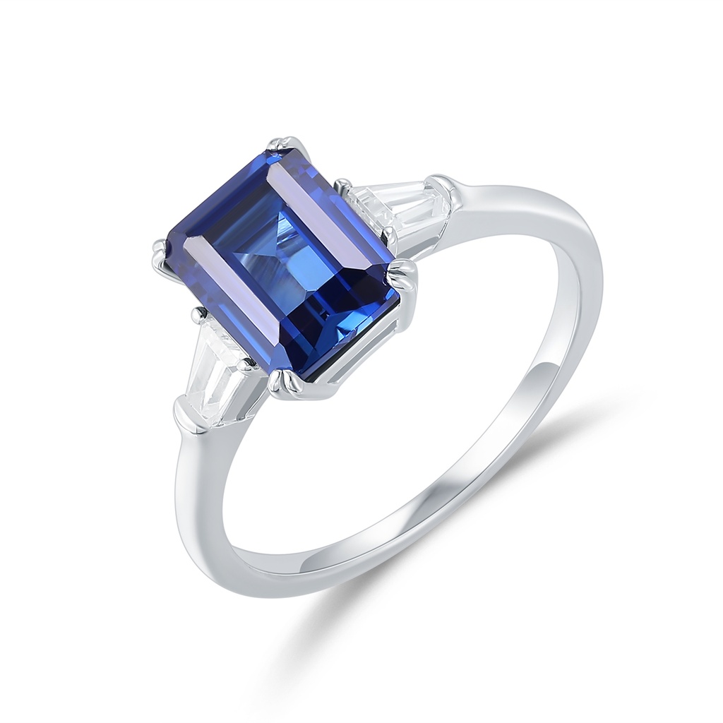 Elegant Emerald-Cut Blue Sapphire Ring with Diamond Side Accents