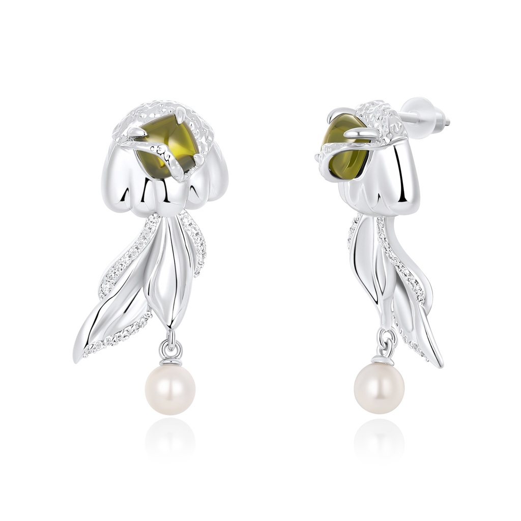 Elegant Floral Drop Earrings with Green Gemstone and Pearl Accents