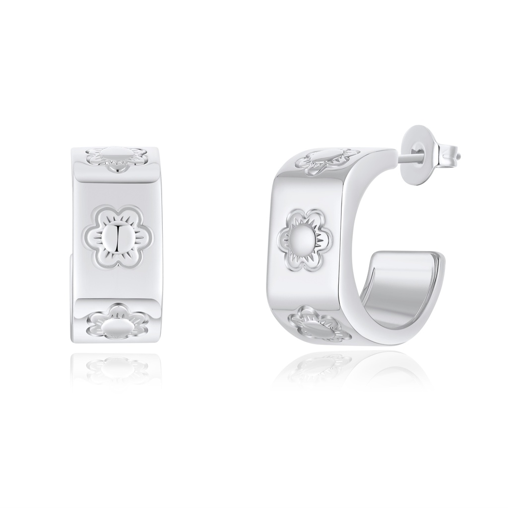 Elegant Floral Patterned Hoop Earrings in Polished Silver Finish