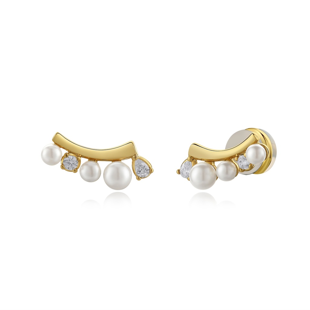 Elegant Gold Arc Earrings with Pearls and Sparkling Stones