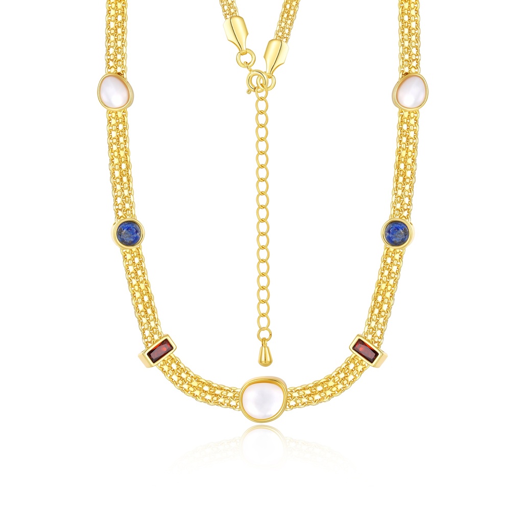 Elegant Gold Chain Necklace with Colorful Gemstone Accents and Pearls