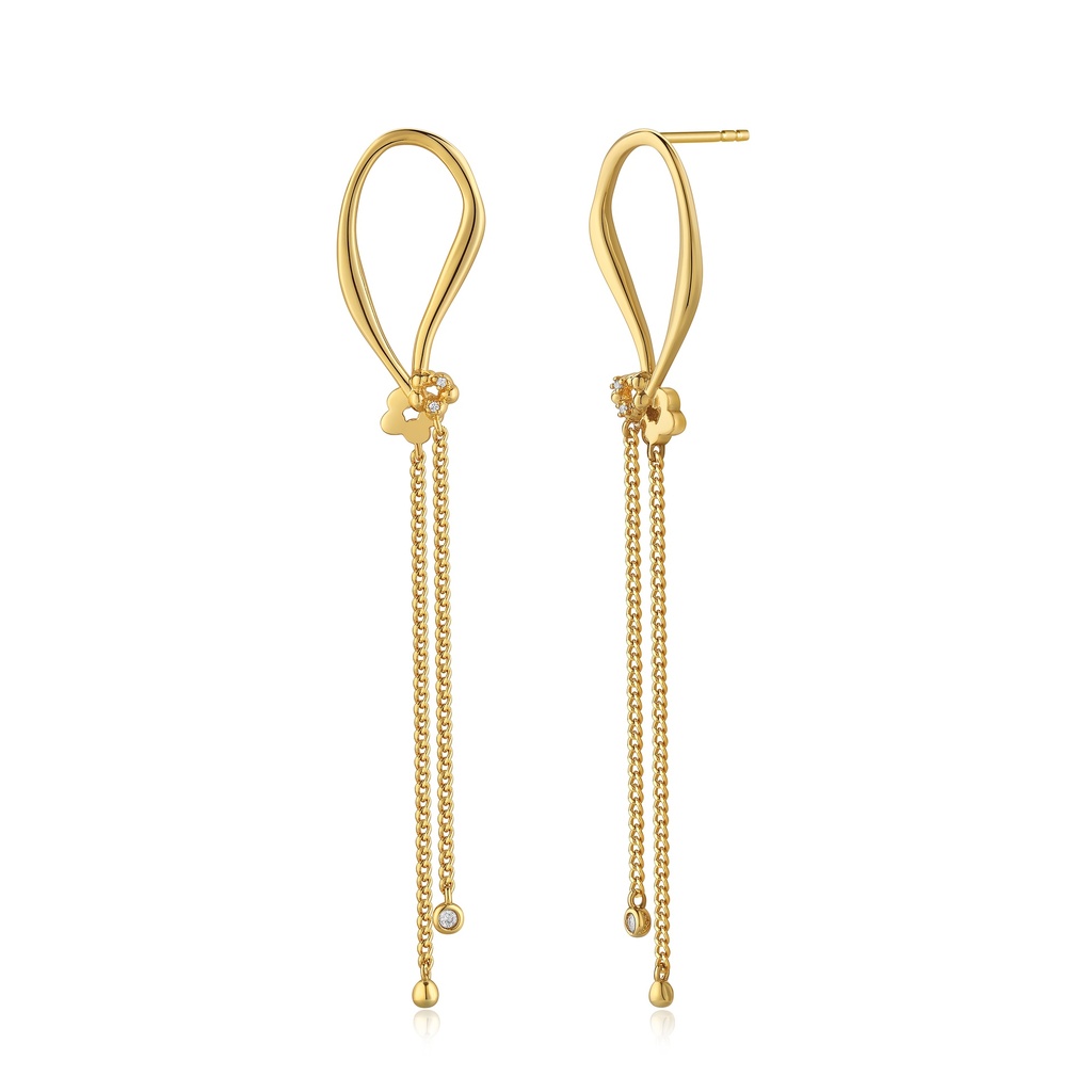 Elegant Gold Loop Earrings with Dangling Chains and Flower Charms
