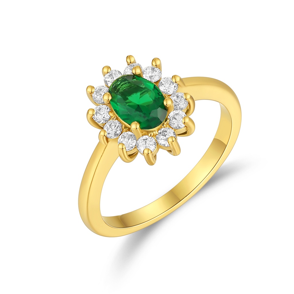 Elegant Gold Plated Ring with Green Oval Stone and CZ Halo