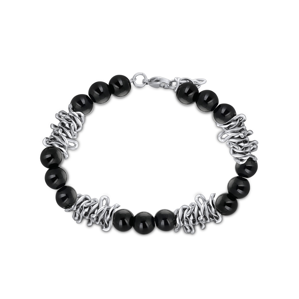 [DJ01B0051] Black Agate Beaded Bracelet with Twisted Steel Accent Chains