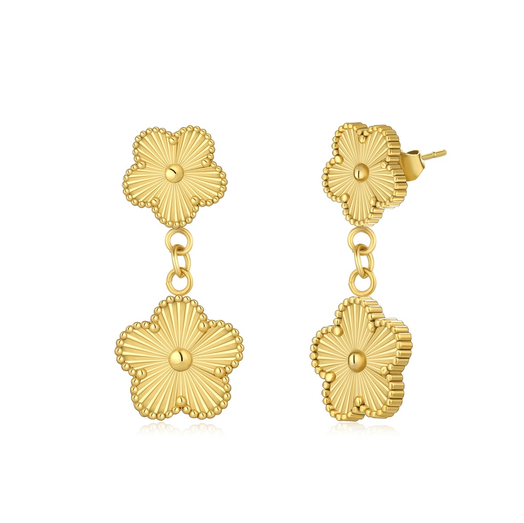 Elegant Gold Stainless Steel Double Clover Drop Dangle Earrings