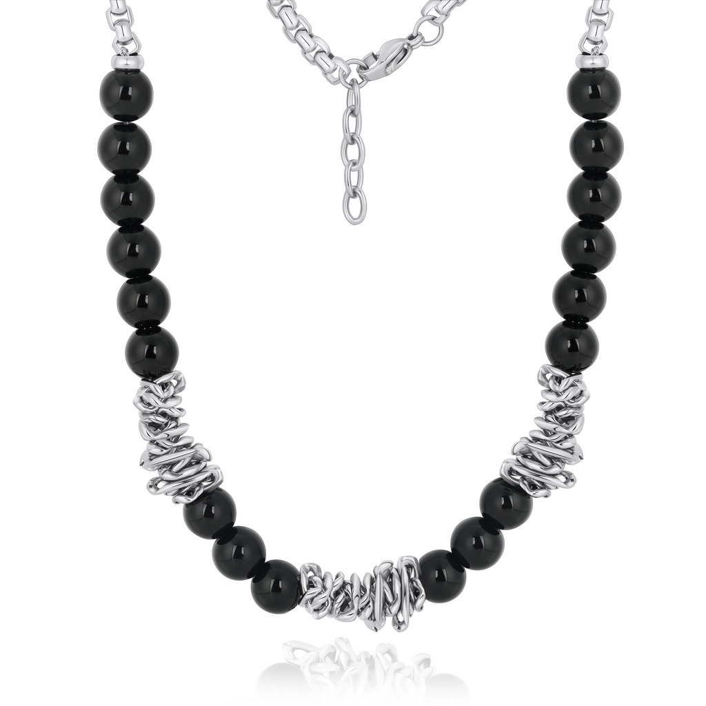 [DJ01N0018] Black Bead Necklace with Twisted Stainless Steel Accent Design