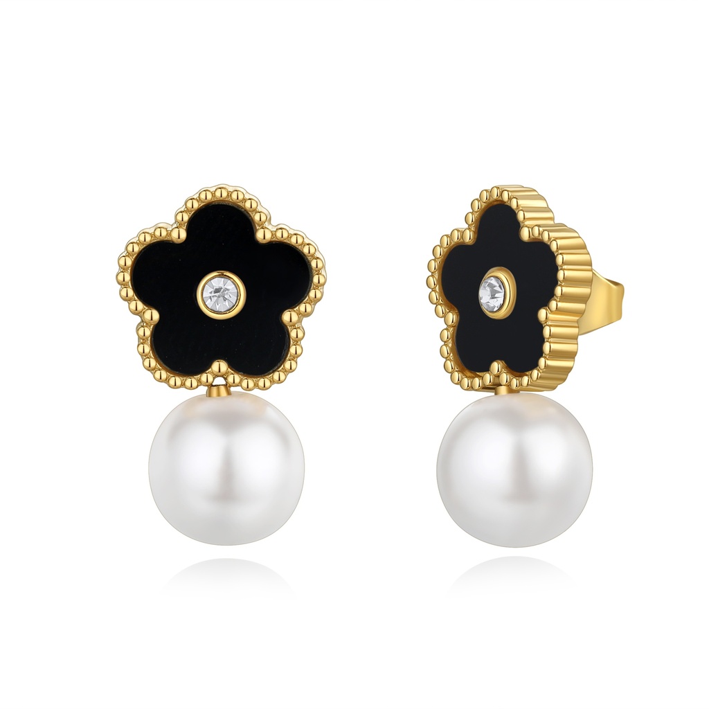 Elegant Gold Stainless Steel Pearl Earrings with Black Enamel Flower