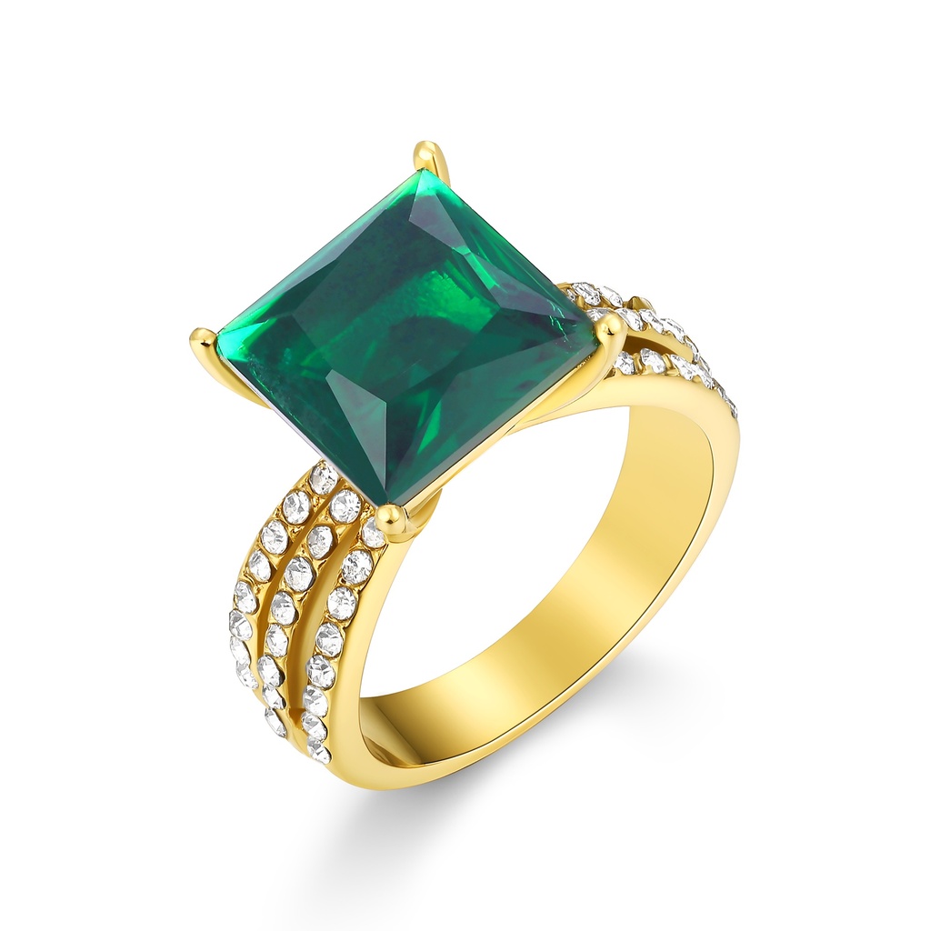Elegant Gold Stainless Steel Ring with Emerald-Cut Green Stone