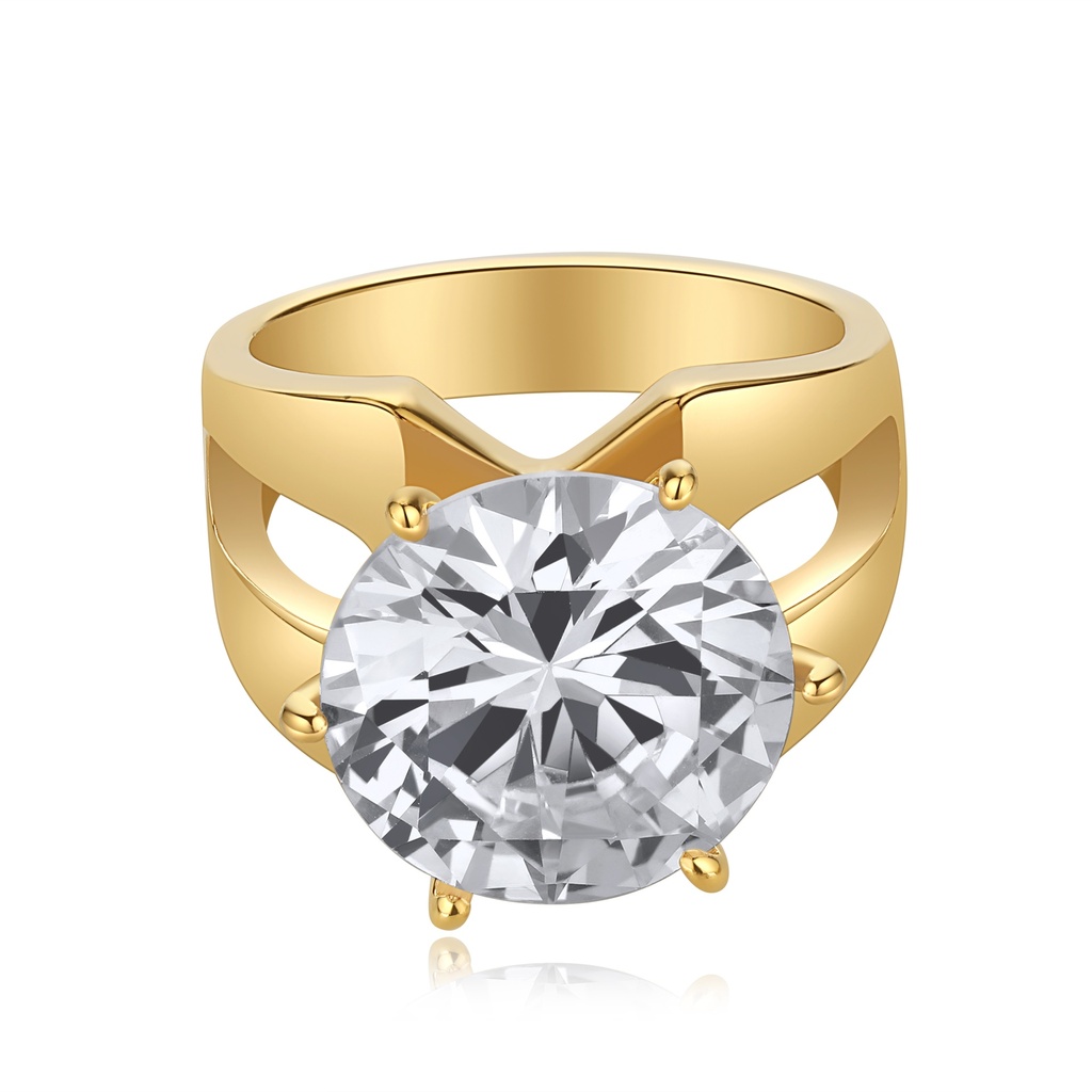 Elegant Gold Stainless Steel Ring with Large Round Crystal