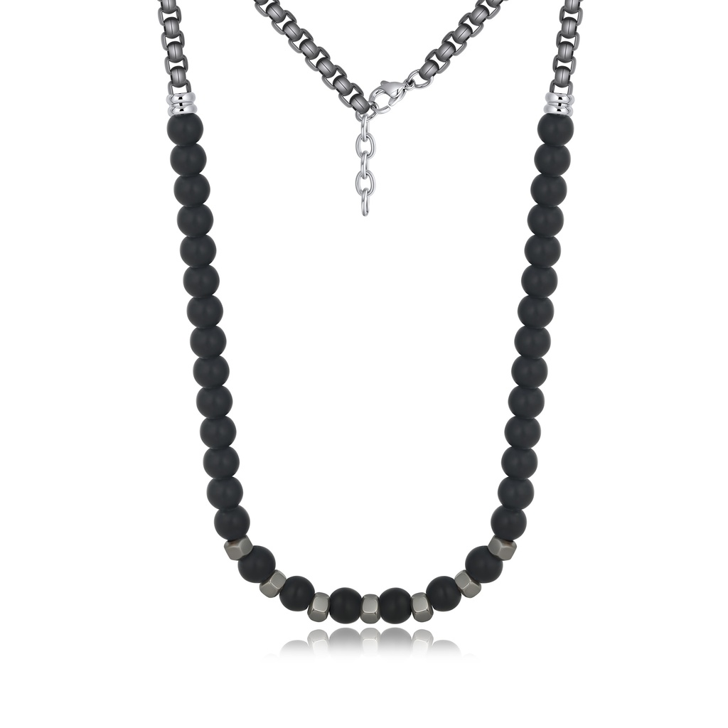 [DJ01N0015] Black Beaded Stainless Steel Chain Necklace for Men Jewelry