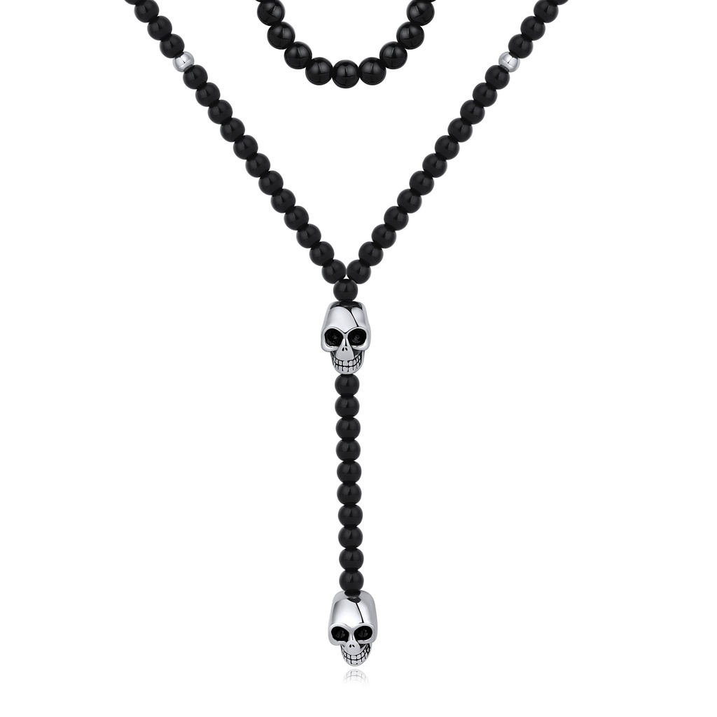 [DJ01N0013] Black Beaded Stainless Steel Skull Necklace for Men Gothic