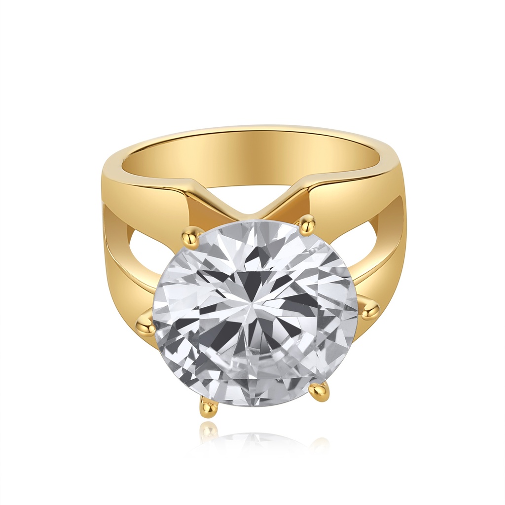 Elegant Gold-Plated Stainless Steel Ring with Large Round Zircon