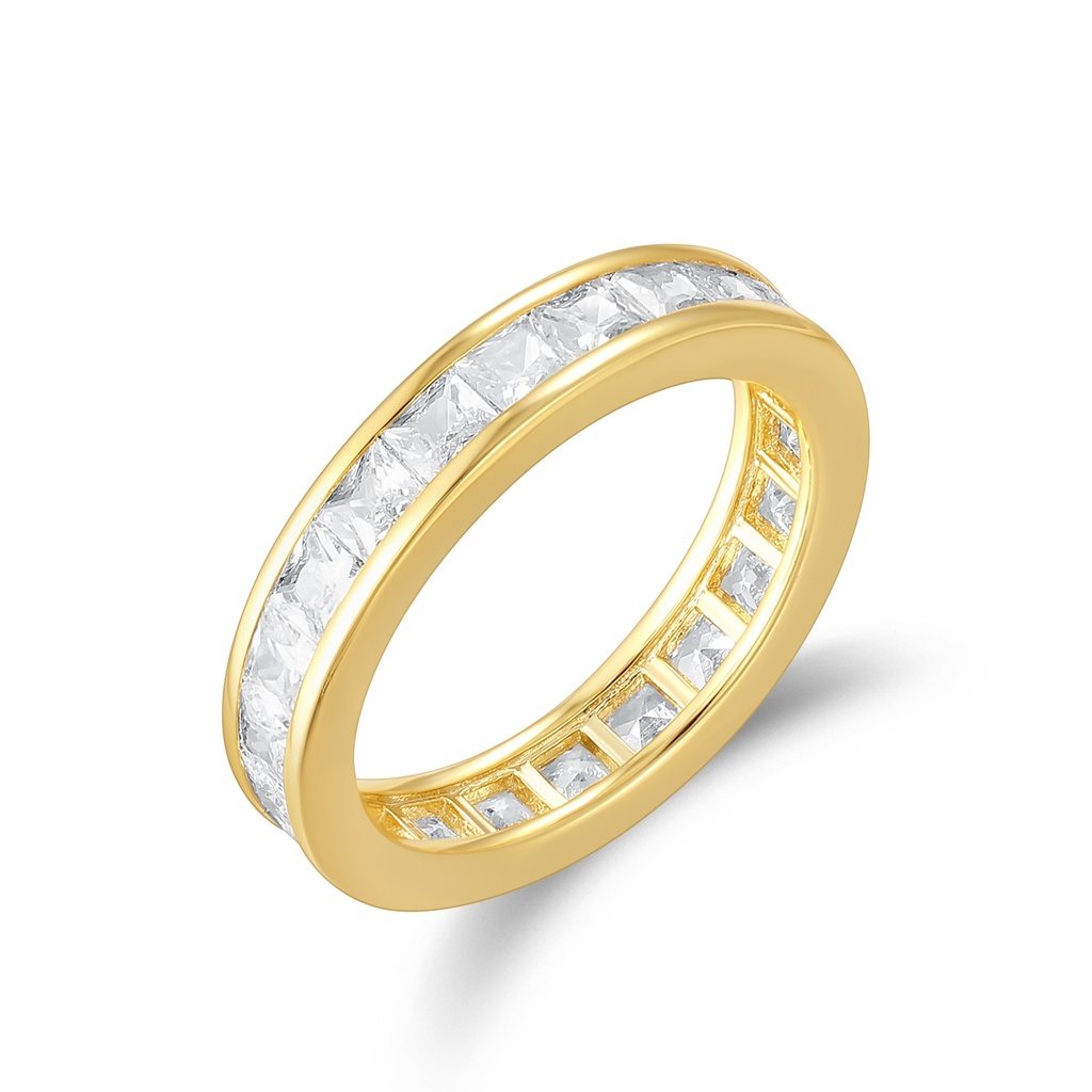 Elegant Gold-Tone Stainless Steel Channel-Set Square CZ Eternity Band Ring