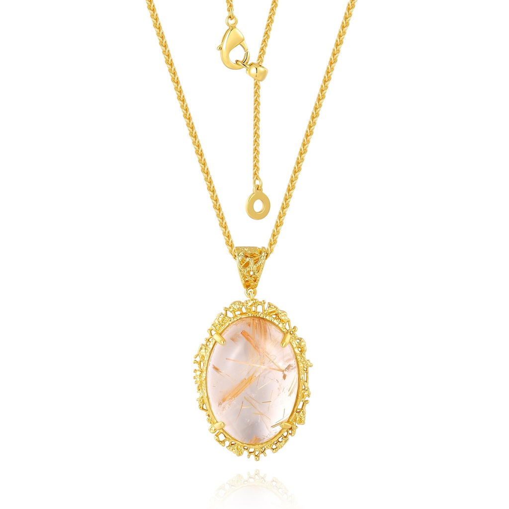 Elegant Golden Necklace with Oval Rutilated Quartz Centerpiece Charm