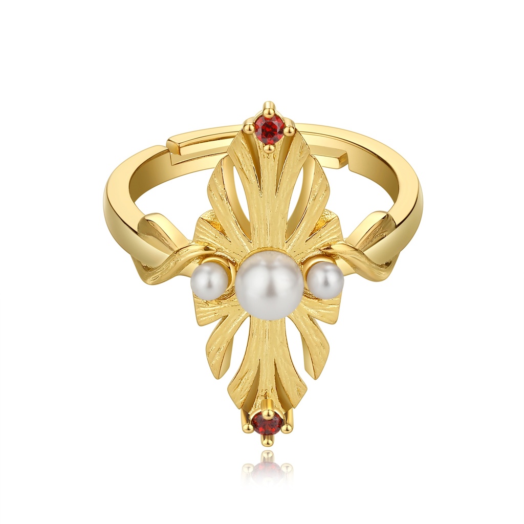 Elegant Gothic Pearl Ring with Cross and Red Gemstones