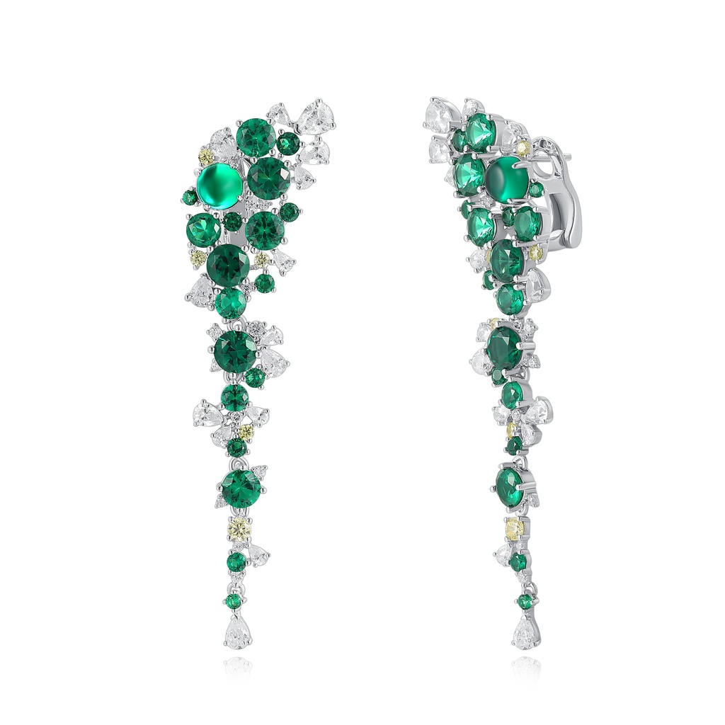 Elegant Green CZ Stainless Steel Long Drop Statement Earrings