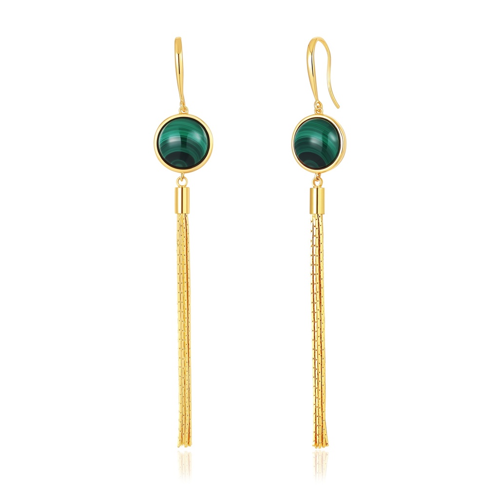 Elegant Green Gem Earrings with Long Gold Tassel Chain
