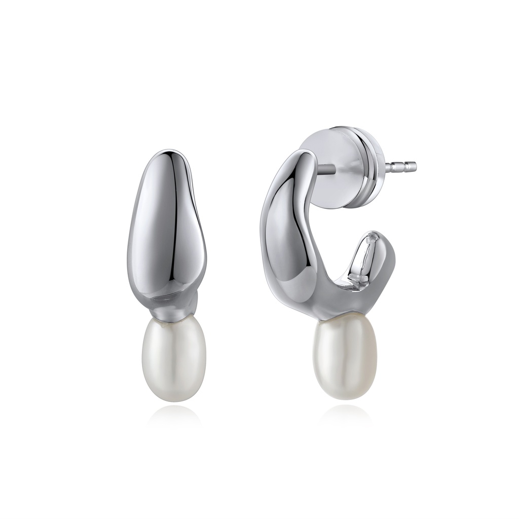[BJ01E0518] Abstract Silver Brass Earrings with Oval Pearl Drop