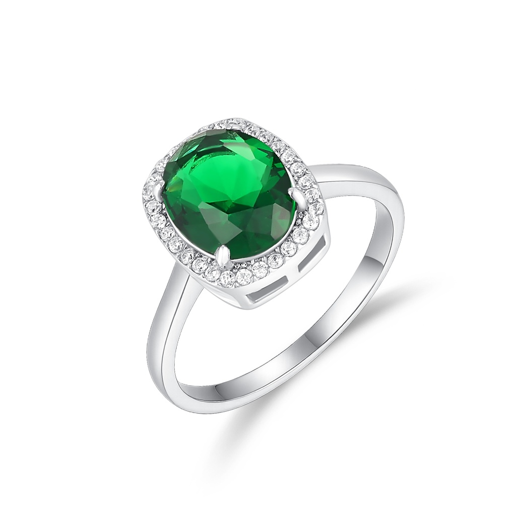 Elegant Green Gemstone Stainless Steel Ring with Crystal Halo Accent