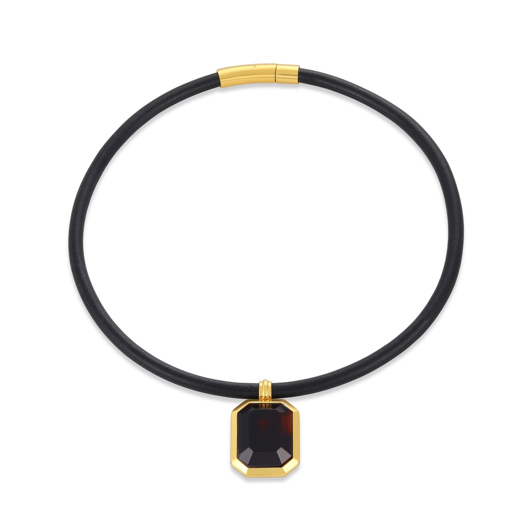 [BJ05N0483] Black Cord Necklace with Octagon Gemstone Charm